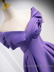 Simple Off Shoulder Satin Purple Long Evening Prom Dresses Court Train Dresses Evening Dresses