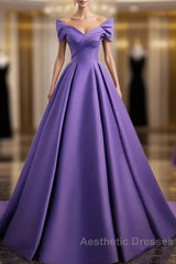 Simple Off Shoulder Satin Purple Long Evening Prom Dresses Court Train Dresses Evening Dresses