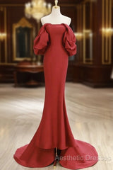 Simple Off Shoulder Satin Red Mermaid Long Evening Prom Dresses, Red Long Formal Dresses