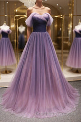 Simple off shoulder tulle long Evening Prom Dresses, tulle formal Dresses