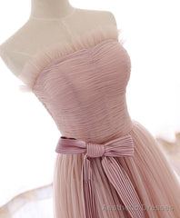 Simple Pink Fashionable Scoop Tulle Long Wedding Party Dress with Bow, Pink Long Formal Dress