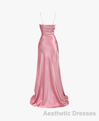 Simple Pink Spaghetti Straps Long Evening Prom Dresses with Split