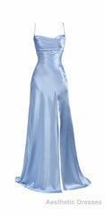 Simple Pink Spaghetti Straps Long Evening Prom Dresses with Split
