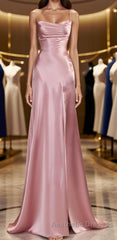 Simple Pink Spaghetti Straps Long Evening Prom Dresses with Split