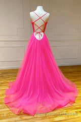 Simple pink v neck tulle long Evening Prom Dresses pink formal Dresses