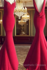 Simple Red Mermaid Long Evening Prom Dresses, Red Evening Dresses