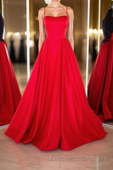 Simple red satin long Evening Prom Dresses, red backless long evening Dresses