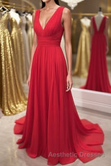 Simple Red V Neck and V Back Chiffon Long Evening Prom Dresses, V Neck Red Long Evening Dresses, Red Formal Dresses, Graduation Dresses
