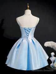 Simple Sweetheart Neck Satin Short Blue Prom Dresses, Puffy Blue Homecoming Dresses