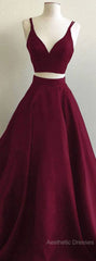 Simple Two Pieces Burgundy Long Evening Prom Dresses, Burgundy Evening Dresses