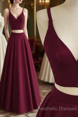 Simple Two Pieces Burgundy Long Evening Prom Dresses, Burgundy Evening Dresses