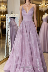 Simple v neck A-line long Evening Prom Dresses sequin evening Dresses
