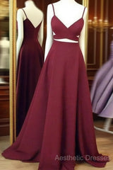 Simple V Neck Burgundy Long Evening Prom Dresses, Burgundy Evening Dresses