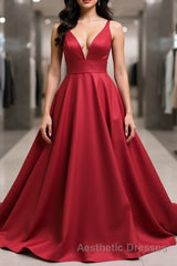 Simple v neck burgundy satin long Evening Prom Dresses  burgundy formal Dresses