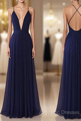 Simple V Neck Dark Blue Tulle Long Evening Prom Dresses, Evening Dresses