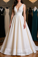 Simple V Neck Ivory Satin Long Evening Prom Dresses, Open Back Ivory Formal Evening Dresses, Ivory Wedding Dresses
