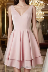 Simple v neck pink short Evening Prom Dresses, cute pink homecoming Dresses