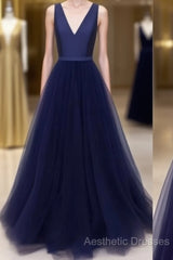 Simple V Neck Tulle Long Evening Prom Dresses, Dark Blue Evening Dresses