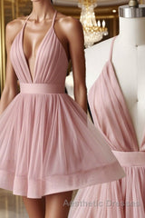 Simple v neck tulle pink short Evening Prom Dresses pink bridesmaid Dresses