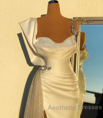 Simple White Long Mermaid Spaghetti Straps Beading Tulle Evening Prom Dresses With Slit