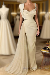 Simple White Long Mermaid Spaghetti Straps Beading Tulle Evening Prom Dresses With Slit