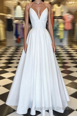 Simple white v neck satin long Evening Prom Dresses white evening Dresses