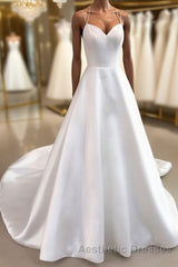 Simple white v neck satin long wedding Dresses white bridal Dresses