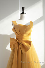 Simple Yellow Tulle Long Evening Prom Dresses, Yellow Tulle Formal Dresses