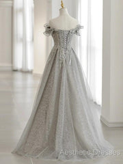 Sliver-Grey Tulle With Sequins Long Party Dresses,A-Line Floor Length Evening Prom Dresses