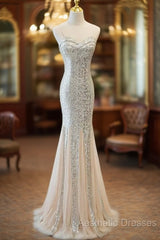 Sliver Sequins Mermaid Straps Long Evening Gown Evening Prom Dresses, Long Party Dresses Formal Dresses
