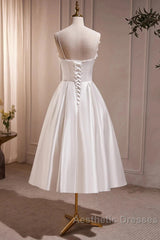 Spaghetti Strap Satin White Floral Short Evening Prom Dresses