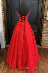 Spaghetti Straps A-line Red Shiny Evening Prom Gown,Long Evening Prom Dresses