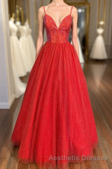 Spaghetti Straps A-line Red Shiny Evening Prom Gown,Long Evening Prom Dresses