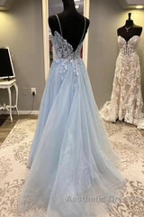 Spaghetti Straps Blue Lace Evening Prom Dresses, Blue Lace Long Formal Evening Dresses