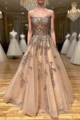 Spaghetti Straps Champagne Lace Tulle Long Evening Prom Dresses, Champagne Lace Formal Evening Dresses, Champagne Ball Gown