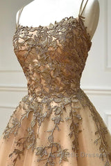Spaghetti Straps Champagne Lace Tulle Long Evening Prom Dresses, Champagne Lace Formal Evening Dresses, Champagne Ball Gown