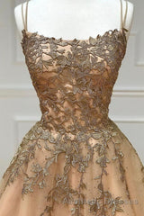 Spaghetti Straps Champagne Lace Tulle Long Evening Prom Dresses, Champagne Lace Formal Evening Dresses, Champagne Ball Gown