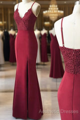 Spaghetti Straps Floor Length Burgundy Lace Evening Prom Dresses, Burgundy Lace Formal Evening Bridesmaid Dresses