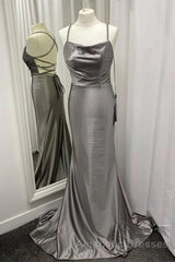 Spaghetti Straps Grey Mermaid Satin Long Evening Prom Dresses