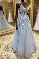 Spaghetti Straps Light Blue Lace Evening Prom Dresses, Light Blue Lace Formal Evening Dresses