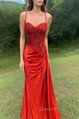 Spaghetti Straps Mermaid Evening Prom Dresses Appliqued Corset Evening Prom Dresses With Split