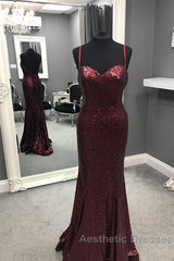 Spaghetti Straps Sweetheart Mermaid Sequins Evening Prom Dresses