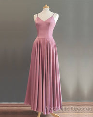 Spaghetti Straps V Neck Ankle Length Bridesmaid Dresses