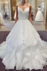 Spaghetti Straps V Neck White Wedding Dresses, V Neck White Puffy Wedding Gown, Bridal Dresses