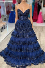 Spaghetti Straps White Layered A-Line Evening Prom Dresses with Sequin