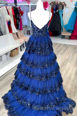 Spaghetti Straps White Layered A-Line Evening Prom Dresses with Sequin