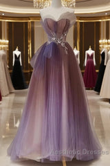 Sparkle Purple Beading Ruffles Tulle Evening Prom Dresses