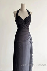 Sparkling Gradient Dark Gray Halter Neck Ruffle Sheath Evening Prom Dresses Birthday Dresses
