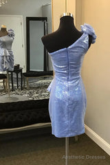 Sparkly Blue One Shoulder Sequins Bodycon Short Homecoming Dress with Ruffles