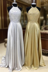 Sparkly Crystal Beaded Halter Long Satin Open Back Evening Prom Dresses